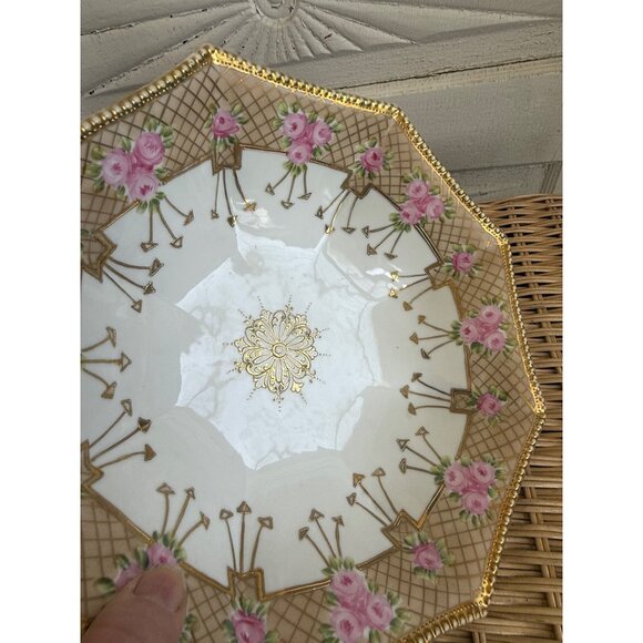 Antique 1920s Nippon Serving Bowl Hand Painted Gold Roses Floral - Picture 11 of 16